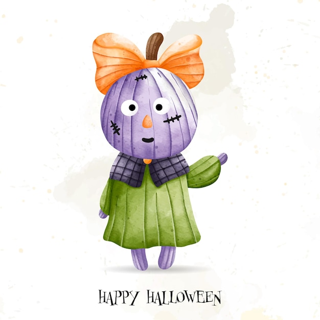 Child with a large pumpkin on head Happy Halloween watercolor vector illustrationxDxA