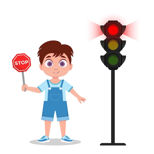 A child with a road sign. The traffic light shows a red signal. Vector illustration