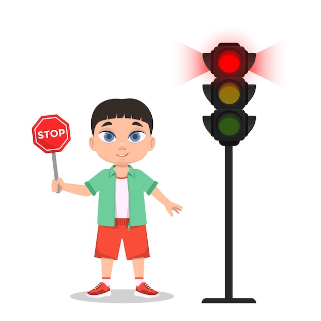 Child with stop sign. The traffic light shows a red signal. Vector illustration