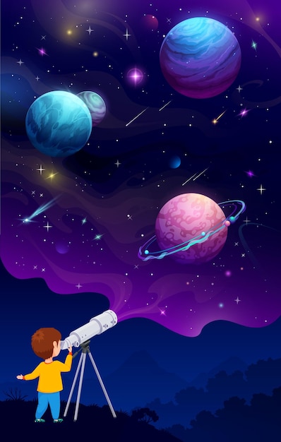 Вектор Ребенок с телескопом смотрит на планеты в космосе
