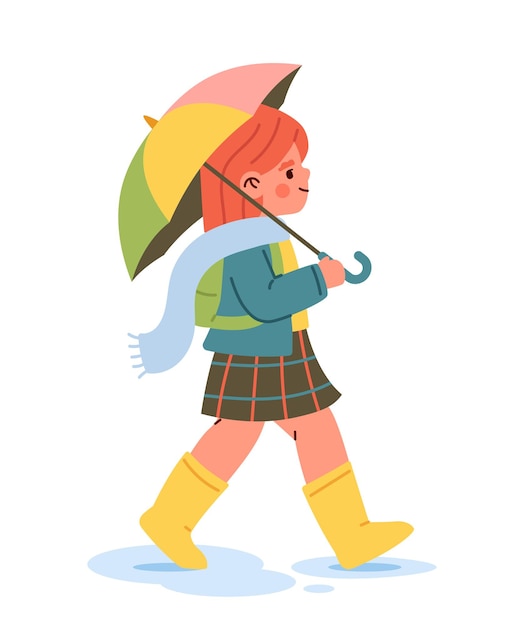 비 아래 우산을 들고 있는 아이 개념 가을과 가을 시즌의 소녀 노란색 고무 부츠를 입은 여학생 템플릿과 레이아웃  ⁇  바탕에 고립된 만화 평평한  ⁇ 터 일러스트레이션