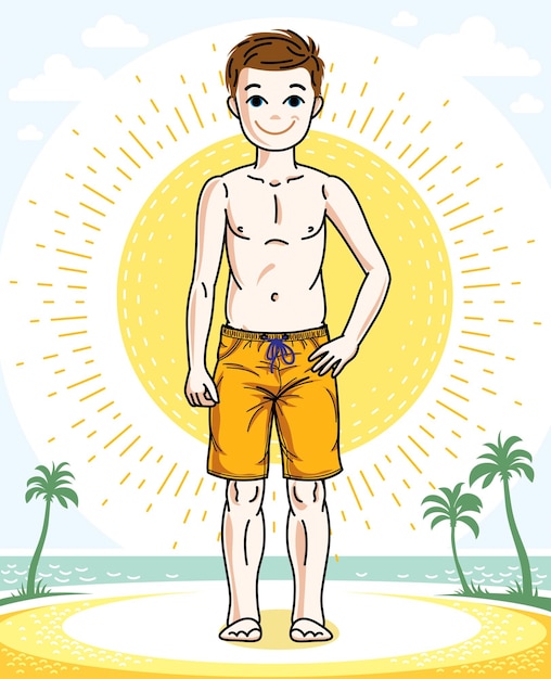 Child young teen boy cute standing wearing fashionable beach shorts. Vector pretty nice human illustration. Childhood lifestyle clip art.