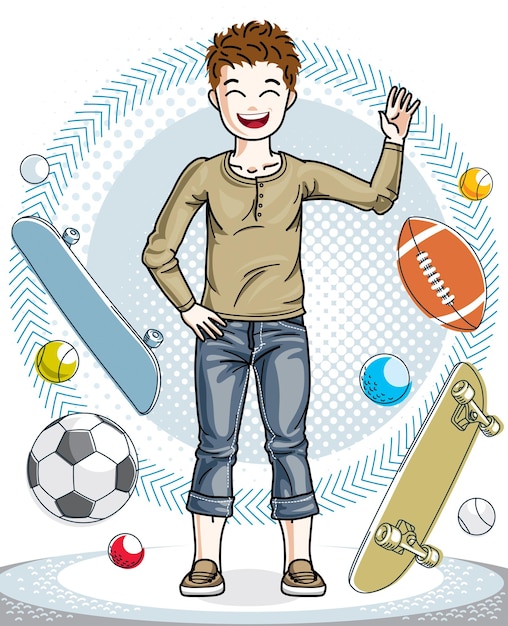 Child young teen boy cute standing wearing fashionable casual clothes. Vector attractive kid illustration. Childhood lifestyle cartoon.