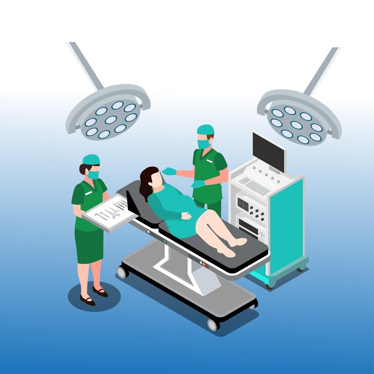 Vector childbirth in hospital 3d isometric