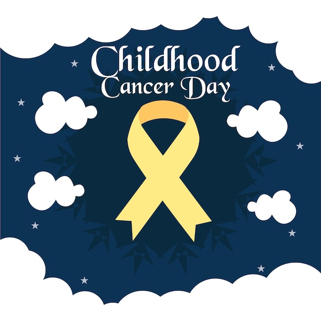 Consapevolezza del giorno del cancro infantile con nuvole di sfondo e nastro d'oro realistico illustrazione vettoriale