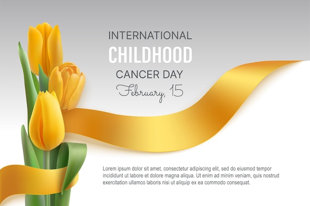 Childhood cancer international day february. golden ribbon and yellow tulips.