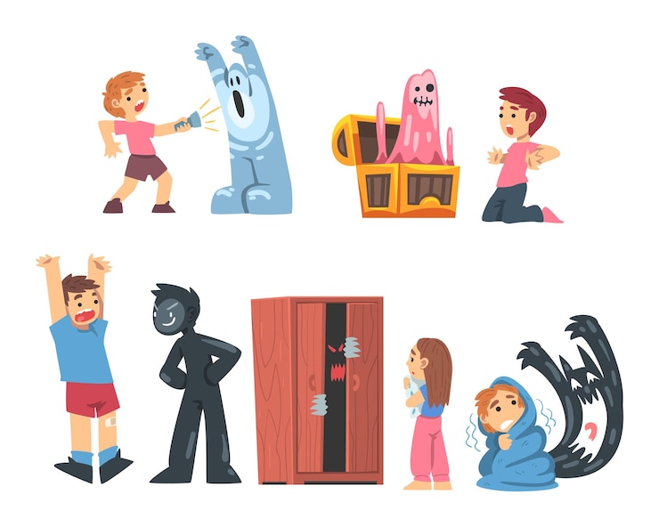 Vector 恐ろしいモンスターの子供時代の恐怖 怖い子供たちのベクトルセット
