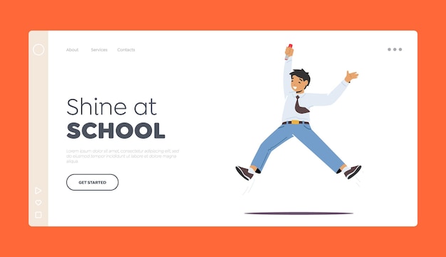 childhood fun and motion concept for landing page template happy school child jumping little boy happily playing