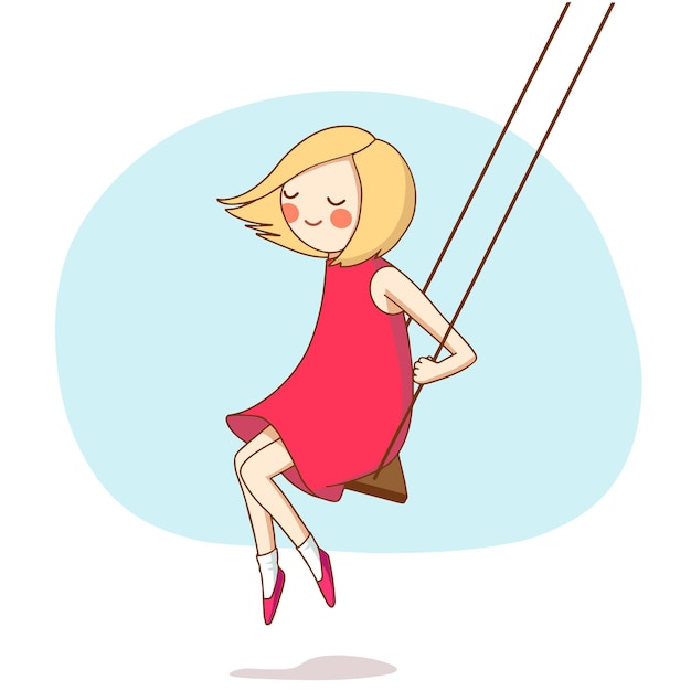 Vector childhood. a girl in a red dress swinging on a swing.