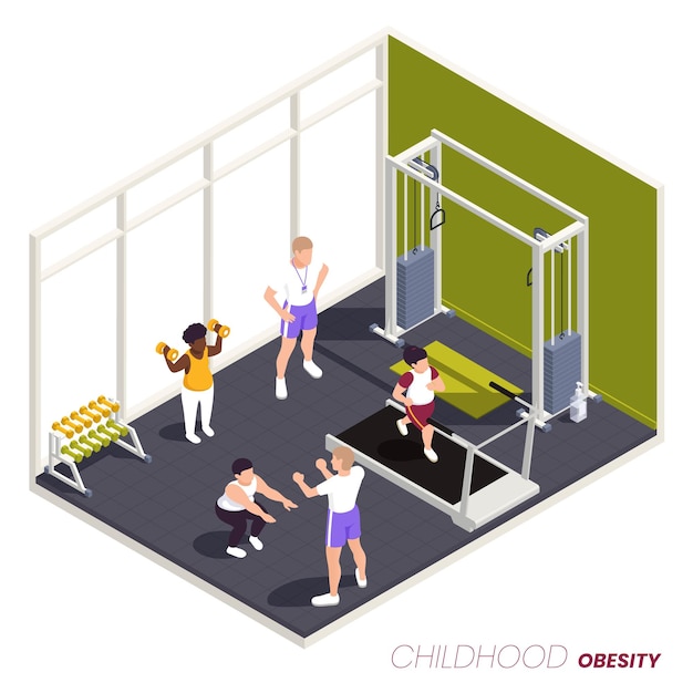Vector childhood obesity concept with healthcare symbols isometric vector illustration