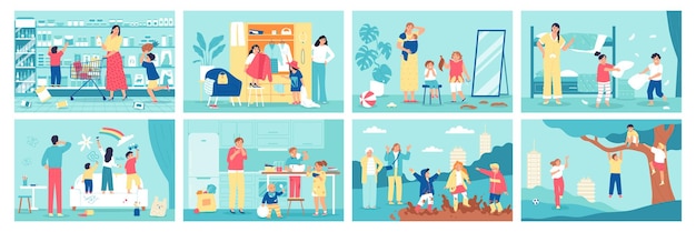 Childhood pranks set of flat horizontal posters with naughty playful children and angry parents in different situations isolated vector illustration