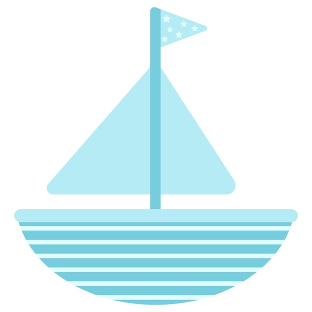 Childish blue boat with sails and flag Vector flat illustration