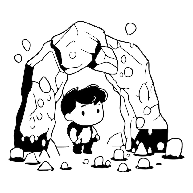 벡터 동굴에 있는 동굴인의 어린이 만화 일러스트레이션