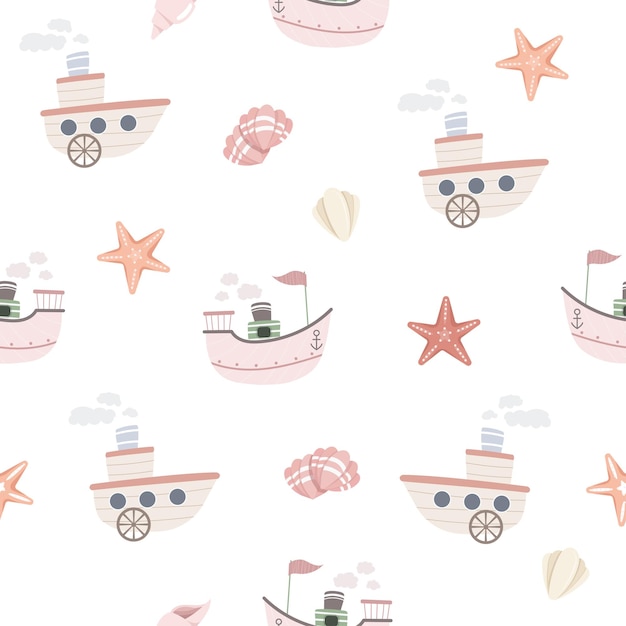 Childish cartoon seamless pattern with ships and boats starfish and shells Scandinavian flat style