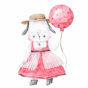 Personaggio infantile simpatico cane con palloncino in abito acquerello illustrazione stampa disegno pasquale