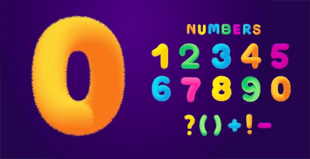 Childish colorful fluffy numbers set design vector illustration isolated on dark background