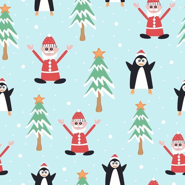 Childish drawing pattern with santa and penguin