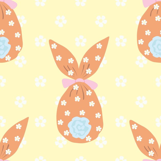 Vector childish easter seamless pattern egg with bow and ears gift bunny chamomile flowers delicate