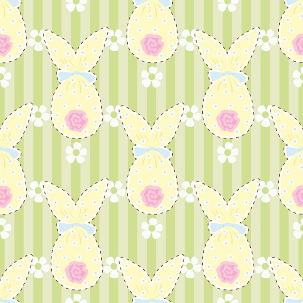 Childish Easter seamless pattern, egg with bow and ears, gift bunny, chamomile flowers, gentle baby