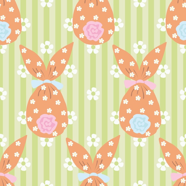 Vector childish easter seamless pattern egg with bow and ears gift bunny chamomile flowers gentle baby