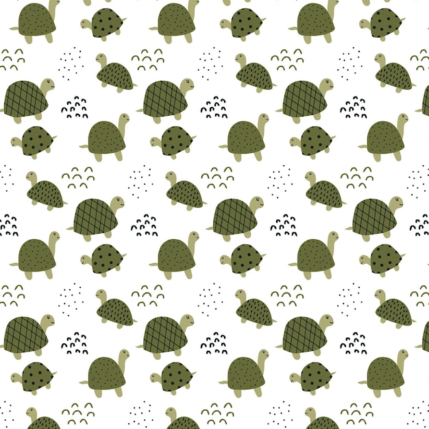 Childish handdrawn pattern with cute green turtles