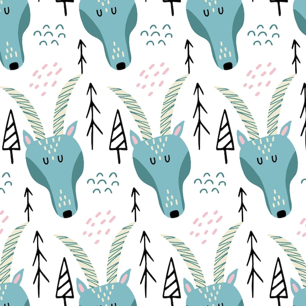 Childish handdrawn seamless pattern with cute goat pattern with goat head and doodle trees