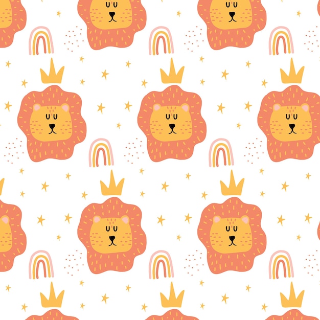 Vector childish handdrawn seamless pattern with cute lion with crown