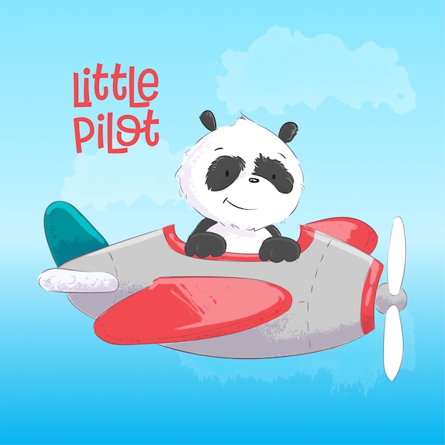 Ребяческая иллюстрация милой панды на самолете в стиле шаржа. Рука рисунок.