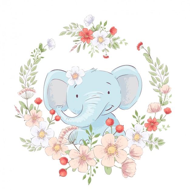 꽃의 화 환에 귀여운 작은 코끼리의 유치 한 그림. 손을 그리기. 벡터