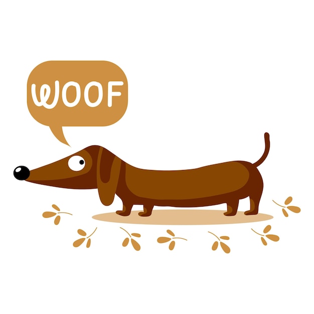 Детская иллюстрация с милой собакой-таксой и английским текстом woof happy concept