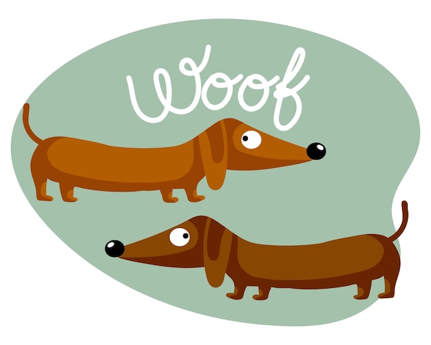Vettore illustrazione infantile con simpatici cani bassotto e testo inglese woof concetto felice