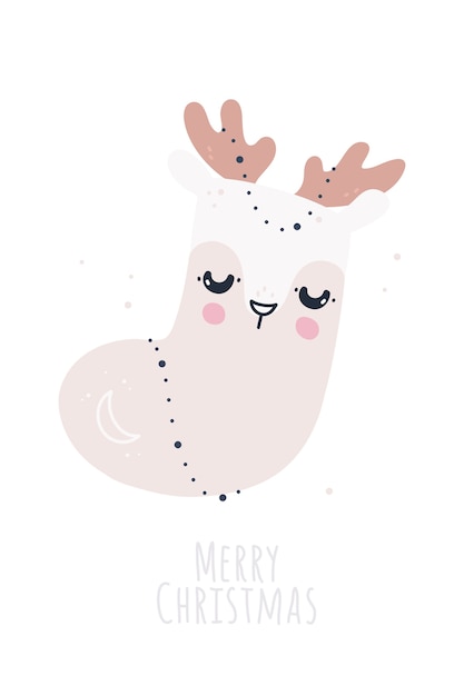 Childish illustration with cute deer and christmas sock