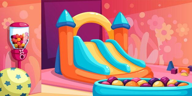 Vector childish indoor playground cartoon minimalistic playroom interior with slide dry pool with balls