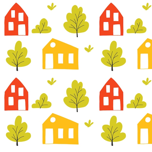 Childish pattern with cute houses and trees Kids print with a city Vector illustration in cartoon style