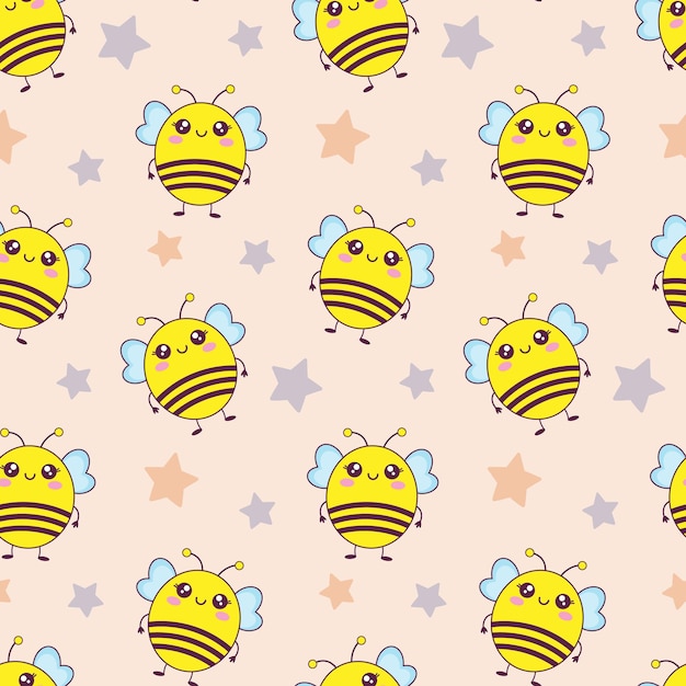Childish pattern with cute kawaii little bee and stars, kids print. Cartoon seamless background