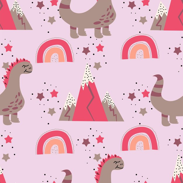 Childish pink seamless pattern with dinosaur, mountains, rainbow and stars.Vector illustration in flat style for baby textiles with cute dinosaur.