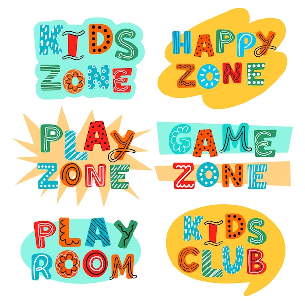 Vector childish play zone labels cartoon kids zone signs cute colorful inscriptions funny babies badges game room text design vector setjpg