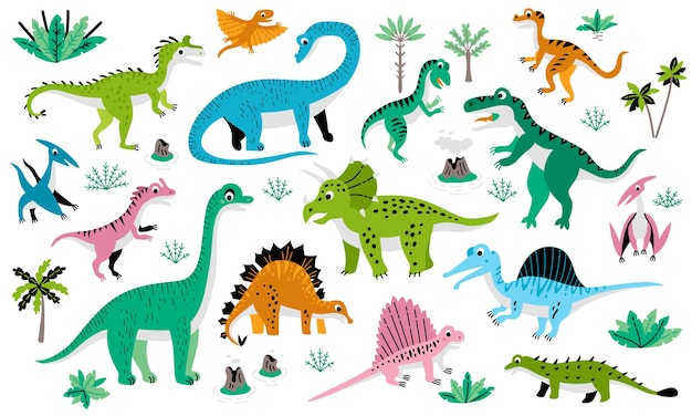 Childish poster with jurassic dinosaur set