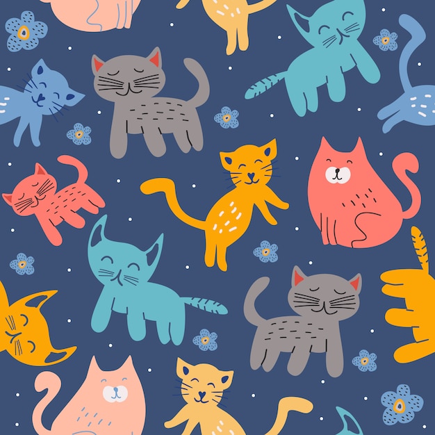 Childish scandinavian cat and kitten seamless pattern