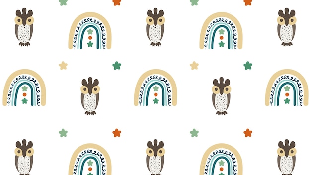 Childish seamless pattern in boho style with rainbows and owls Vector illustration