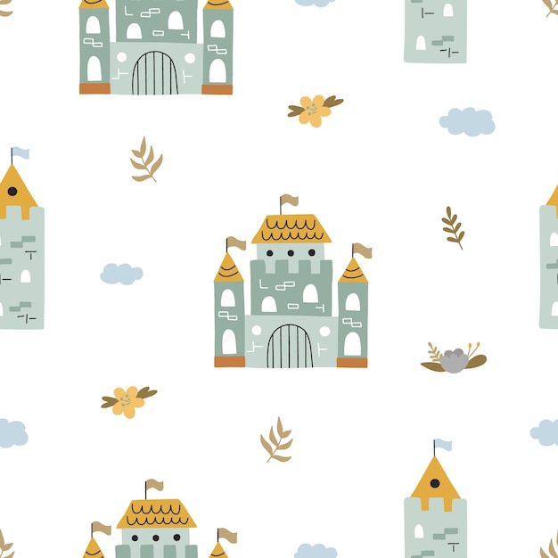 Childish seamless pattern of castles in boho style hand drawn on a white background for your design