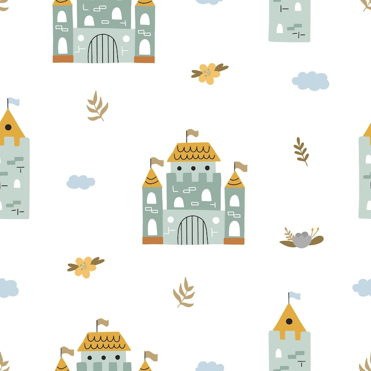 Vector childish seamless pattern of castles in boho style hand drawn on a white background for your design