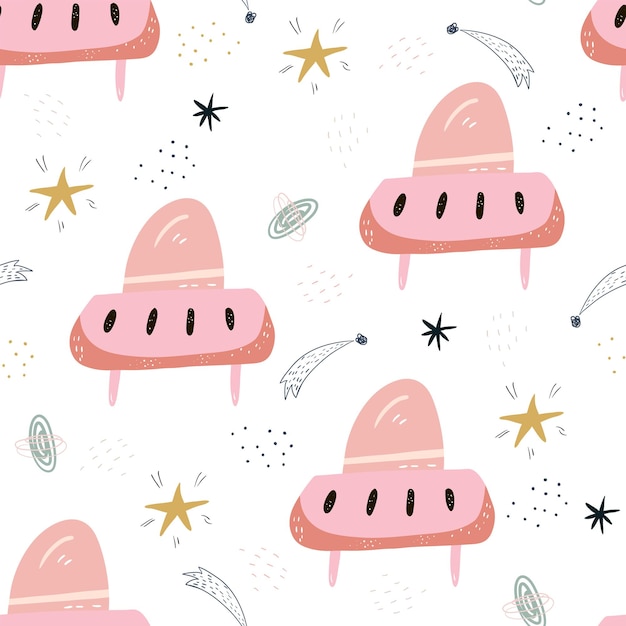 Vector childish seamless pattern with aliens ufo in cosmos