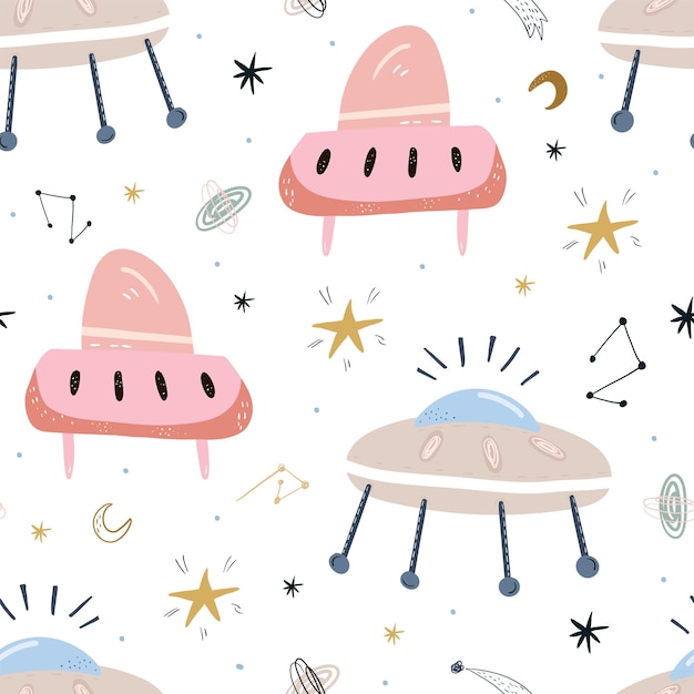 Childish seamless pattern with aliens ufo in cosmos