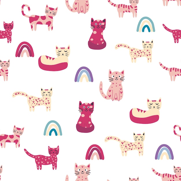 Childish seamless pattern with animals and rainbow kids pastel textile print