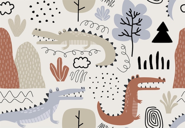 Vector childish seamless pattern with crocodile