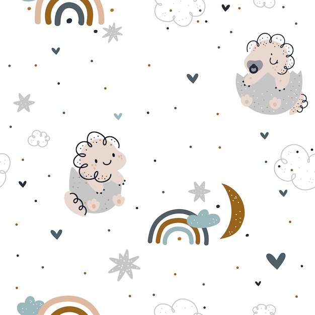 Childish seamless pattern with cute baby dinosaurs, rainbows, stars and moon