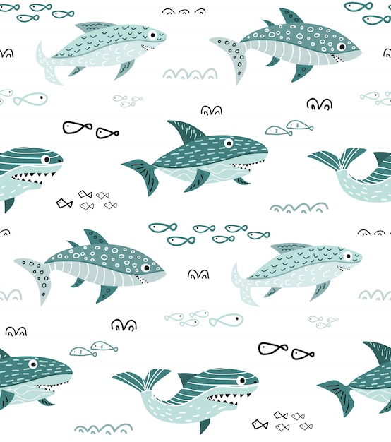 Vector childish seamless pattern with cute cartoon shark