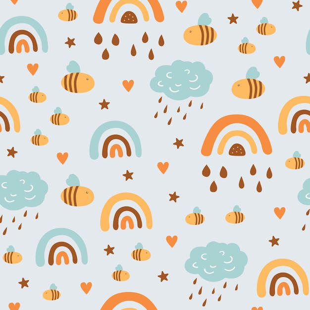 Childish seamless  pattern with cute clouds, rainbows, insects, bee in Scandinavian style.