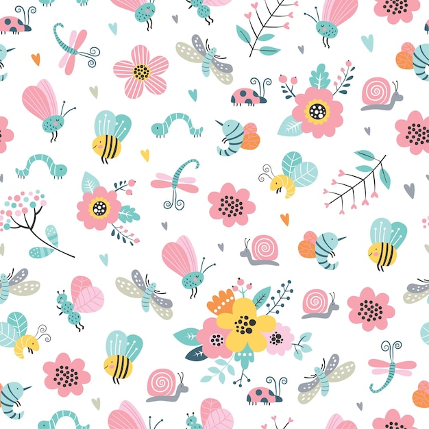 Childish seamless pattern with cute flowers, bee, snail, moth, dragonfly in cartoon style.